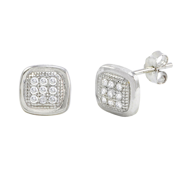 Sterling Silver Micropave Stud Earrings Rounded Square Clear CZ 7mm x 7mm - Jewelryland.com