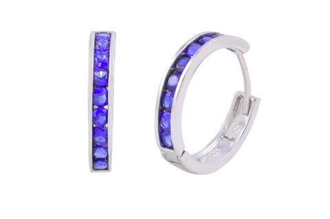 925 Sterling Silver 16mm Huggie Earrings Hinged Hoops Blue Sapphire CZ - Jewelryland.com