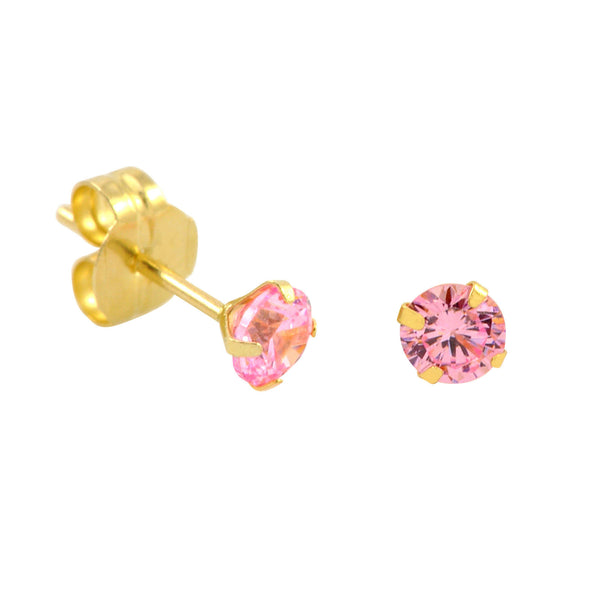 10k Yellow Gold Stud Earrings Pink CZ Cubic Zirconia Round Prong Set - Jewelryland.com