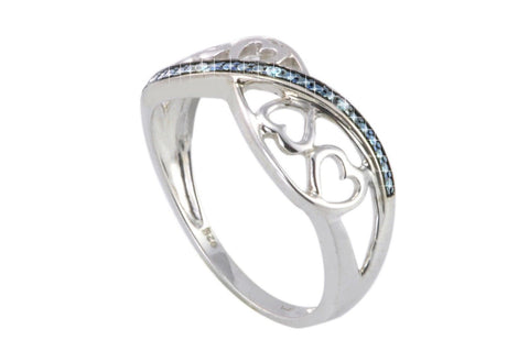 Sterling Silver .01 ct Diamond Ring Four Hearts with Blue Swirl Size 7.5