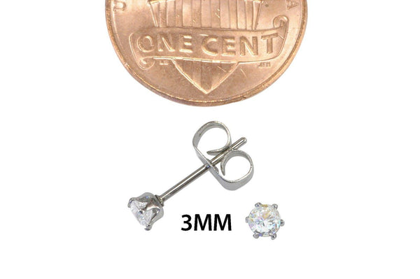 Stainless Steel Earrings White Round CZ Studs Prong Setting 2mm-10mm - Jewelryland.com
