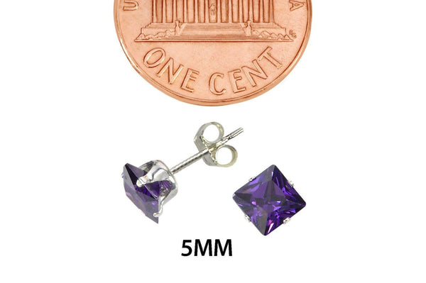 Sterling Silver Square Purple CZ Cubic Zironia Stud Earrings February Birthstone - Jewelryland.com