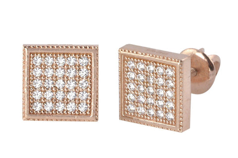 Sterling Silver Rose Gold Stud Earrings Screwbacks Clear Pave CZ 8mm Square - Jewelryland.com