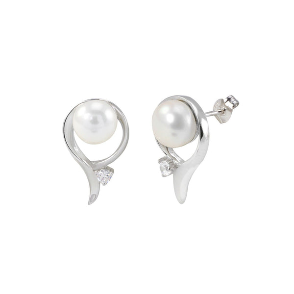 .925 Sterling Silver White Freshwater Pearl Earrings High Polish Single CZ - Jewelryland.com