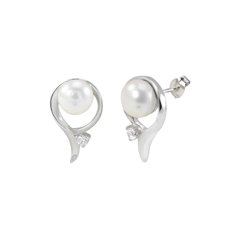 .925 Sterling Silver White Freshwater Pearl Earrings High Polish Single CZ - Jewelryland.com