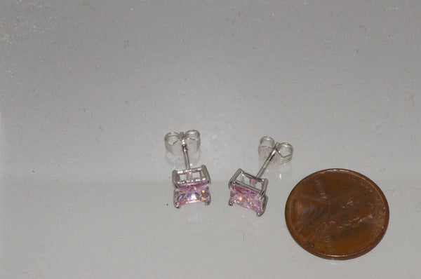 Square Pink CZ October Birthstone Stud Earrings .925 Sterling Silver Basket Set - Jewelryland.com