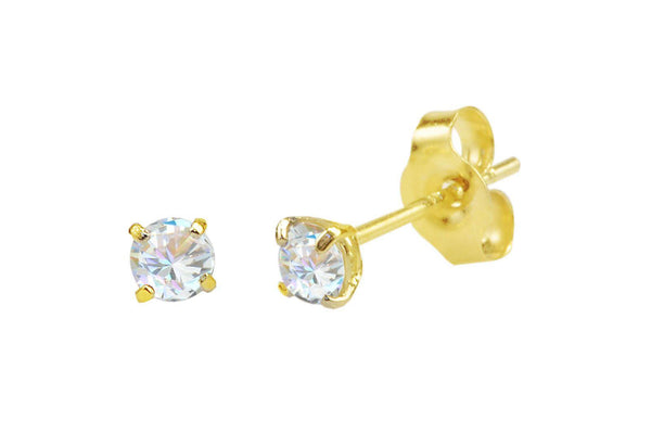 14k Yellow Gold Stud Earrings Clear Round Basket Cubic Zirconia Pushbacks - Jewelryland.com