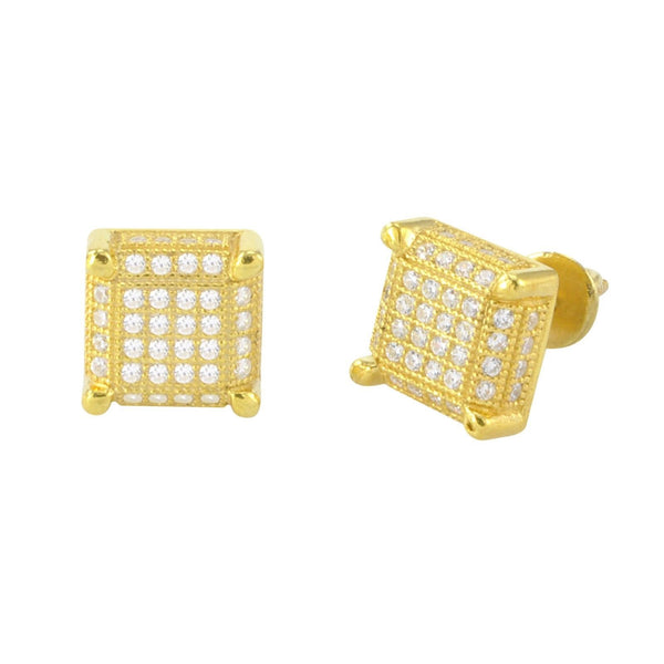 Mens Womens Stud Earrings Sterling Silver Yellow Gold Micropave CZ 9mm Square 3d - Jewelryland.com