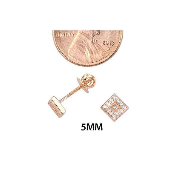 Screwback Stud Earrings Sterling Silver Rose Gold 5mm CZ Square Center Inset - Jewelryland.com