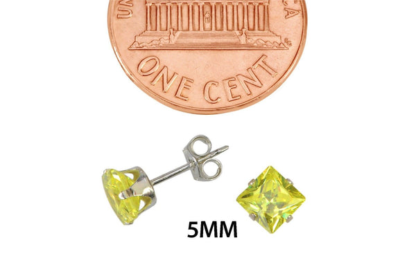 Square Peridot Cubic Zirconia Stud Earrings August Birthstone .925 Silver Prong - Jewelryland.com
