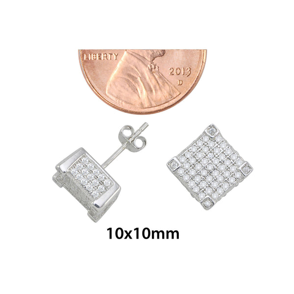 Sterling Silver Stud Earrings Micropave Fancy 3d Square Cube Design 10mm x 10mm - Jewelryland.com