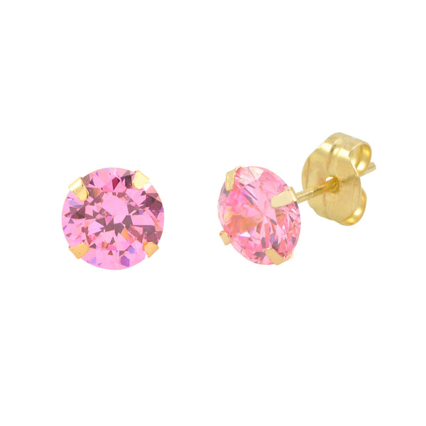 14k Yellow Gold Pink CZ Earrings Round Cubic Zirconia October Birthstone Studs - Jewelryland.com