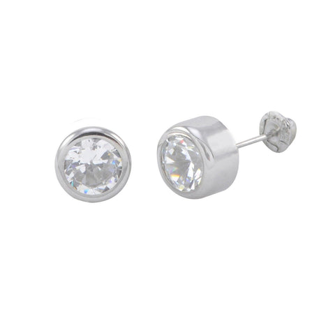 10k White Gold Round Clear CZ Stud Earrings Screwbacks Thick Bezel Setting - Jewelryland.com