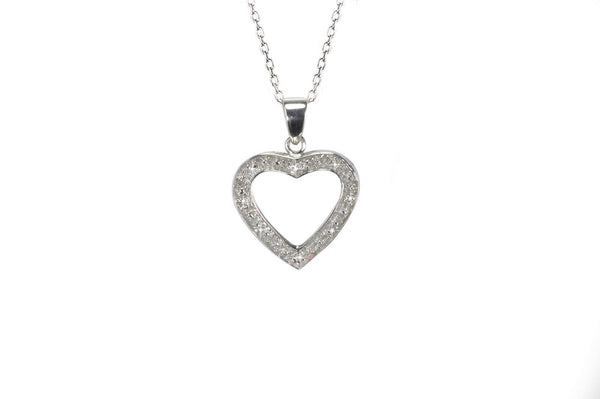 925 Sterling Silver .01ct Diamond 20 mm Open Heart Pendant Necklace - Jewelryland.com
