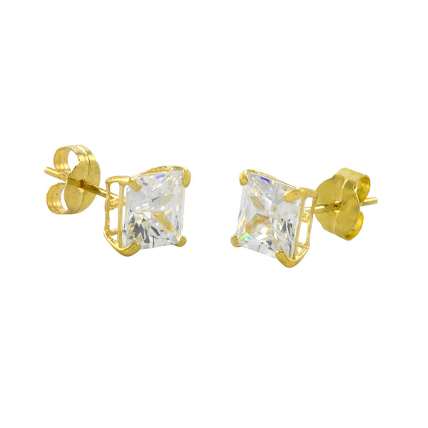 10k Yellow Gold Square Stud Earrings Clear CZ Cubic Zirconia Princess Cut Basket - Jewelryland.com
