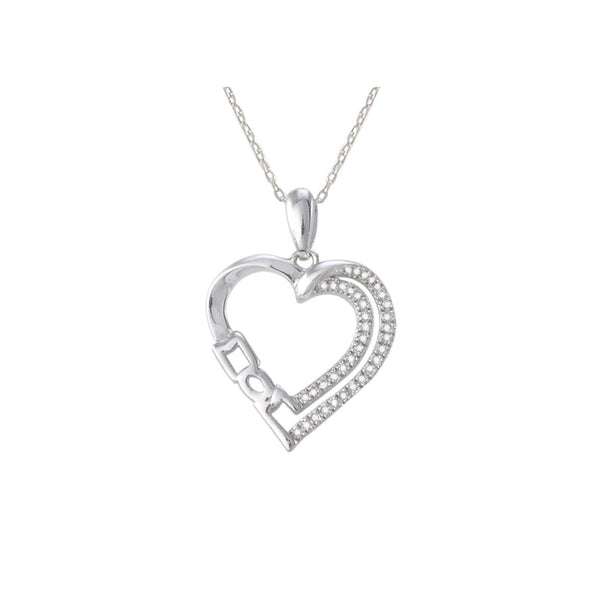 Sterling Silver Diamond Heart Mom Necklace Double Row Pave Outline .15ct - Jewelryland.com