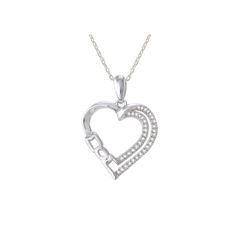 Sterling Silver Diamond Heart Mom Necklace Double Row Pave Outline .15ct - Jewelryland.com