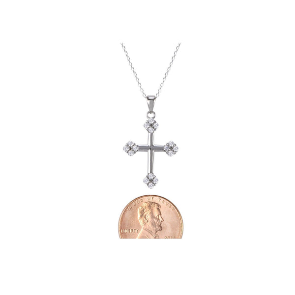 Sterling Silver Cross Necklace White Pave CZ Cubic Zirconia Stones at Endpoints - Jewelryland.com