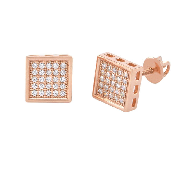 Hip Hop Screwback Earrings Rose Gold Plated Pave CZ Cubic Zirconia 8mm Square - Jewelryland.com