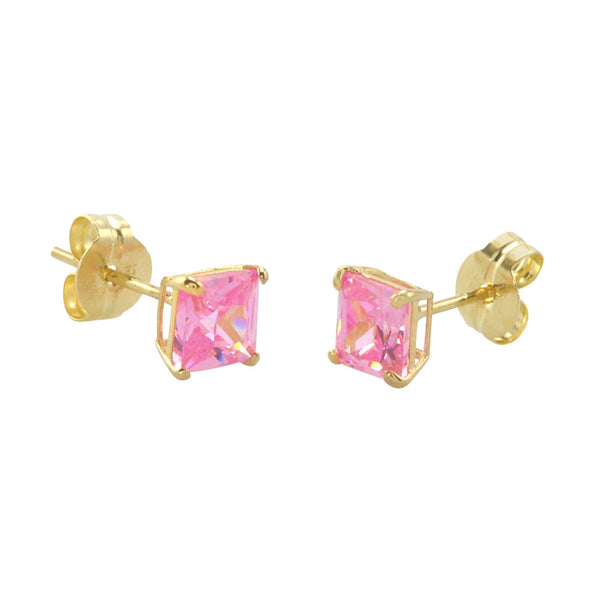10k Yellow Gold Square Pink CZ Stud Earrings Cubic Zirconia Basket Set - Jewelryland.com