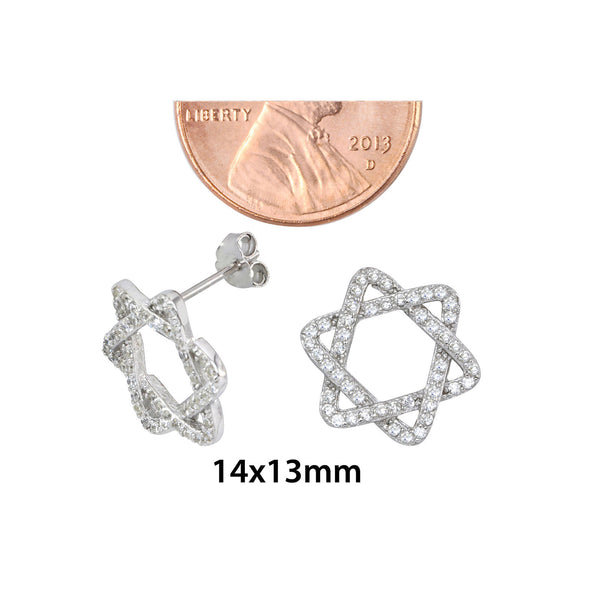Sterling Silver Jewish Star Stud Earrings Micropave Cubic Zirconia 14mm x 13mm - Jewelryland.com