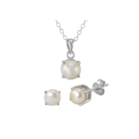 925 Sterling Silver Pearl Gemstone Pendant Necklace and Earrings Set - Jewelryland.com