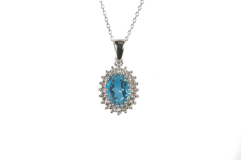 Sterling Silver Blue Topaz and Diamond Necklace (.01ct) Oval Pendant Necklace - Jewelryland.com