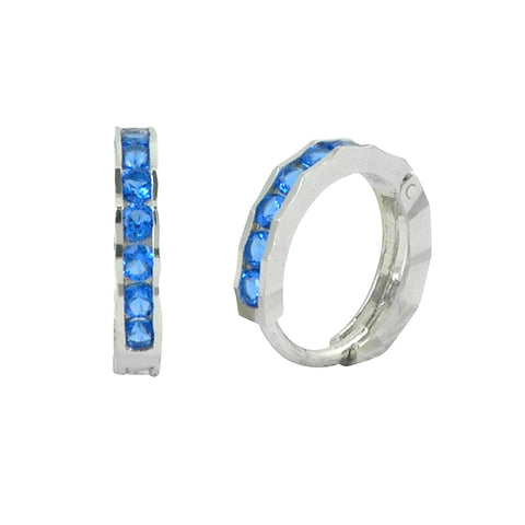 Sterling Silver Hoop Earrings 1 Row Blue Cubic Zirconia Fancy Setting 13mm x 3mm - Jewelryland.com