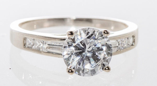 Cubic Zirconia Solitaire Ring 2ct Round CZ Baguettes Sterling Silver - Jewelryland.com