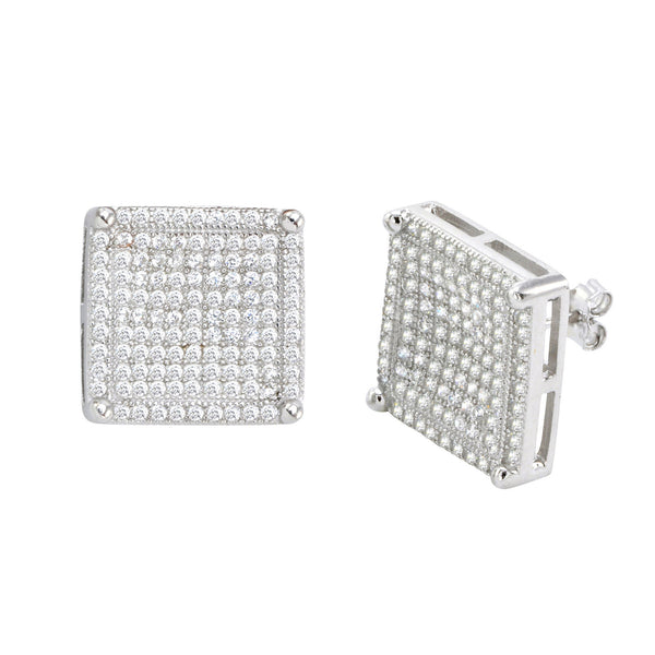 Sterling Silver Mens Stud Earrings Large Square Cubic Zirconia Micropave CZ 15mm - Jewelryland.com