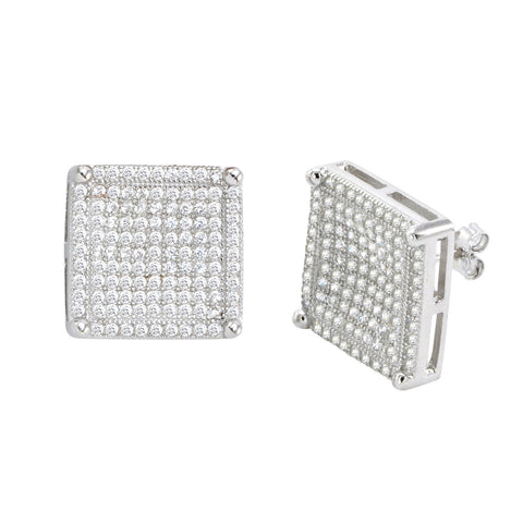 Sterling Silver Mens Stud Earrings Large Square Cubic Zirconia Micropave CZ 15mm - Jewelryland.com