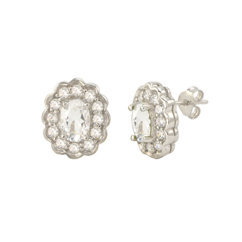 White Topaz Gemstone Stud Earrings 925 Sterling Silver Fancy Oval CZ Accent - Jewelryland.com