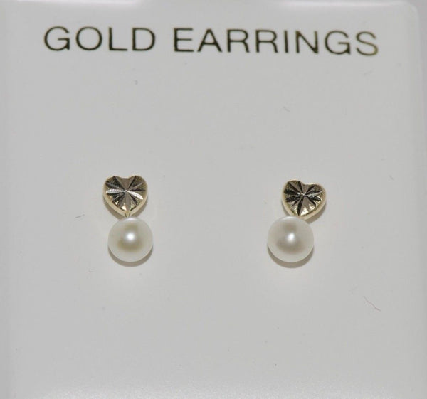 Pearl Stud Earrings 10k Yellow Gold Heart Laser Cut Screwbacks - Jewelryland.com