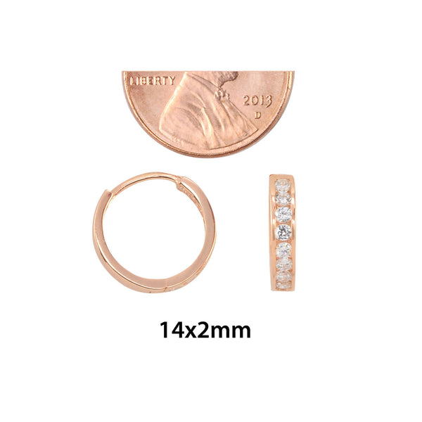 Sterling Silver Huggie Hoop Earrings Rose Gold Plated Cubic Zirconia 14mm x 2mm - Jewelryland.com