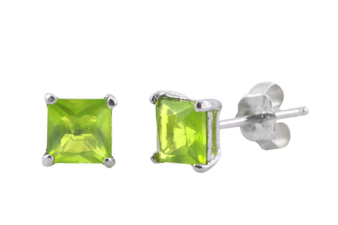 Square Peridot CZ August Birthstone Stud Earrings Sterling Silver Basket Set - Jewelryland.com