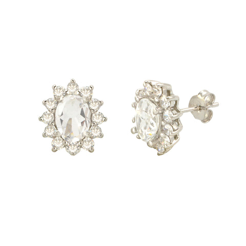 White Topaz Gemstone Flower Stud Earrings Sterling Silver Micropave CZ Accent - Jewelryland.com