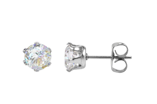 Stainless Steel Earrings White Round CZ Studs Prong Setting 2mm-10mm - Jewelryland.com