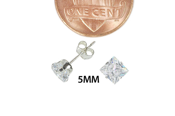 925 Sterling Silver Square Princess Cut Clear CZ Stud Earrings Prong Set - Jewelryland.com