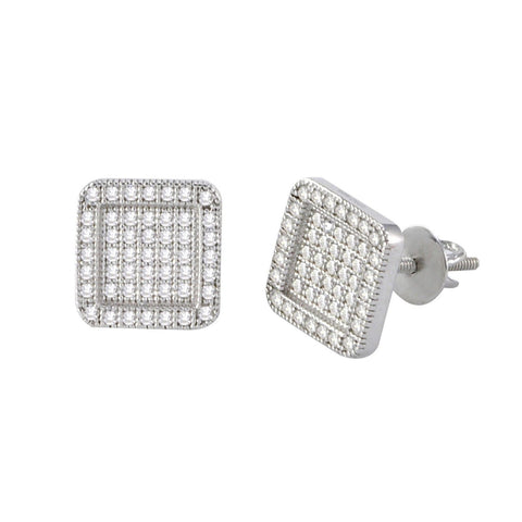 Screw Back Earrings Sterling Silver Pave CZ Cubic Zirconia 9mm Round Square - Jewelryland.com