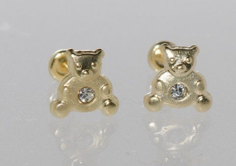 Teddy Bear Stud Earrings 10k Yellow Gold 6mm CZ Screw backs Cubic Zirconia - Jewelryland.com