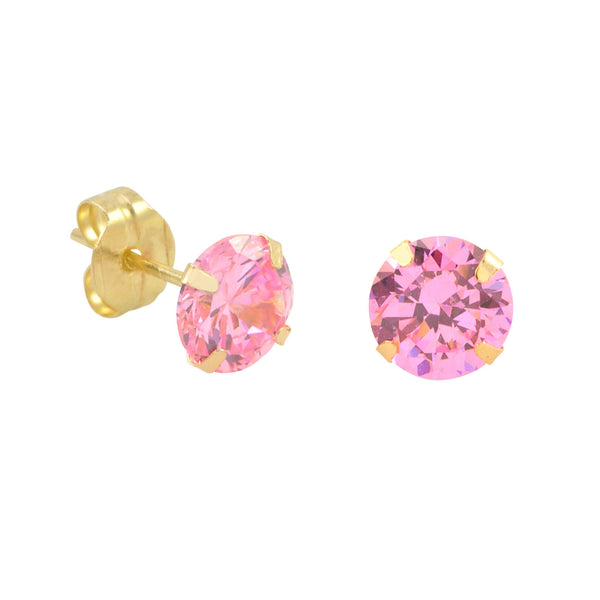10k Yellow Gold Stud Earrings Pink CZ Cubic Zirconia Round Prong Set - Jewelryland.com