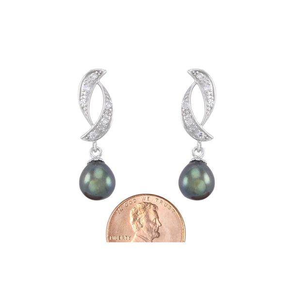 Black Pearl Dangle Earrings Abstract Crescent Design White CZ Sterling Silver - Jewelryland.com