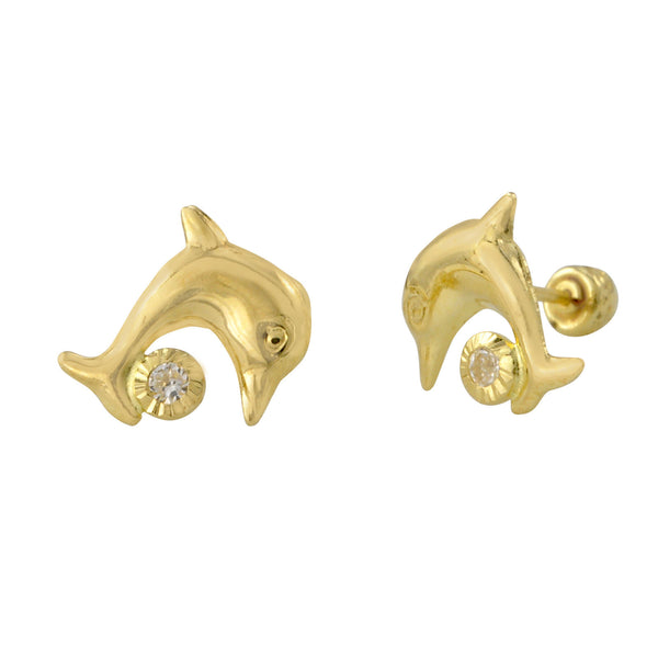 Dolphin with CZ Ball Stud Earrings 10k Yellow Gold with Screwbacks 9x8 - Jewelryland.com