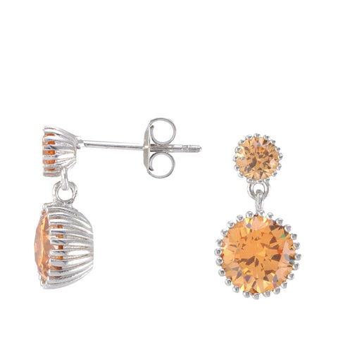 Sterling Silver Dangle Earrings Champagne CZ Cubic Zirconia 2 Stone Design - Jewelryland.com