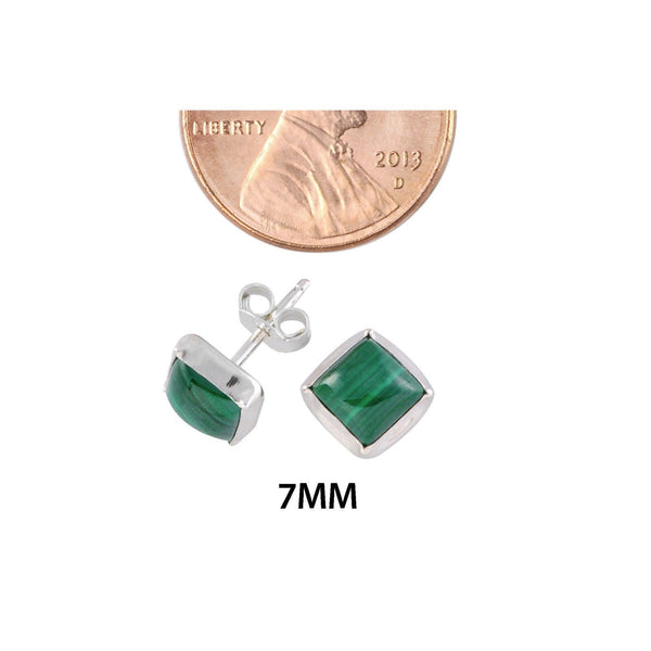 Malachite Gemstone Stud Earrings 7mm Square Sterling Silver .925 - USA - Jewelryland.com