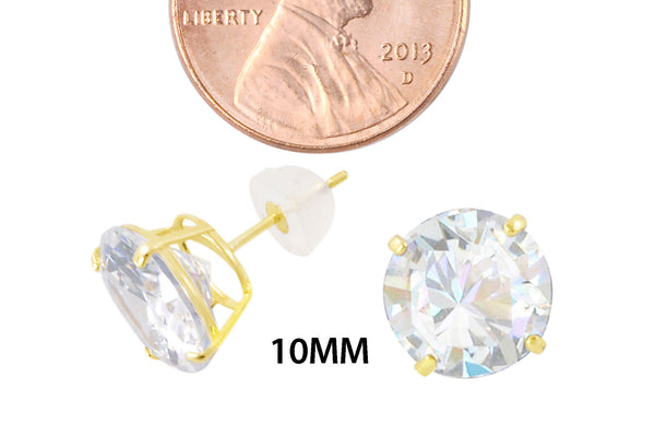 14k Yellow Gold Clear Round Basket Cubic Zirconia Stud Earrings Silicone Backs - Jewelryland.com