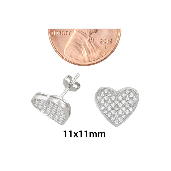 Sterling Silver Micropave Heart Stud Earrings Clear Cubic Zirconia 11mm x 11mm - Jewelryland.com
