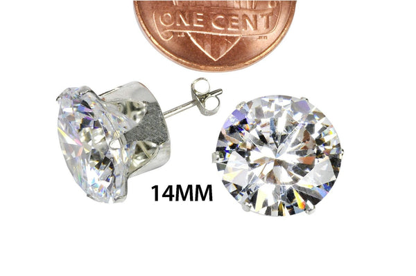 Sterling Silver HUGE Clear Cubic Zirconia Stud Earrings Round CZ Prong 9mm-14mm - Jewelryland.com