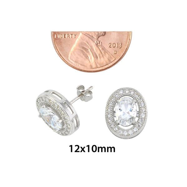 Sterling Silver Halo Cubic Zirconia Stud Earrings and Micropave Oval 12mm x 10mm - Jewelryland.com