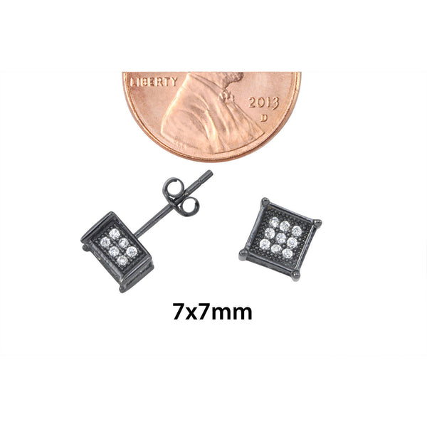Sterling Silver Micropave Black Stud Earrings White CZ Square 3d Sidestones 7mm - Jewelryland.com
